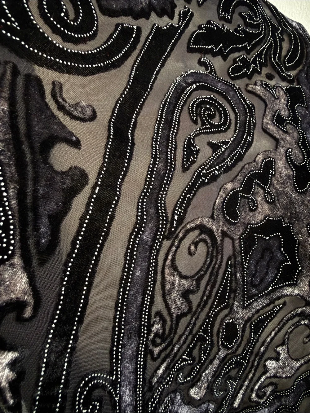 Velvet Burnout Scarf Vintage Black Silver Paisley Devore Fringe Shawl 62